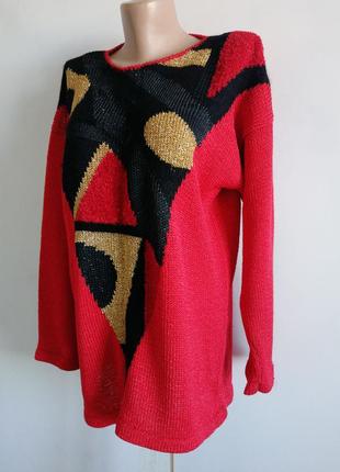 🌹 красный удлиненный джемпер с абстрактным рисунком 🌹 свитер в стиле колор-блок2 фото