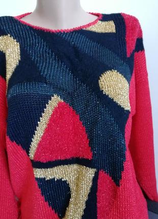 🌹 красный удлиненный джемпер с абстрактным рисунком 🌹 свитер в стиле колор-блок5 фото
