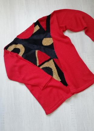 🌹 красный удлиненный джемпер с абстрактным рисунком 🌹 свитер в стиле колор-блок6 фото
