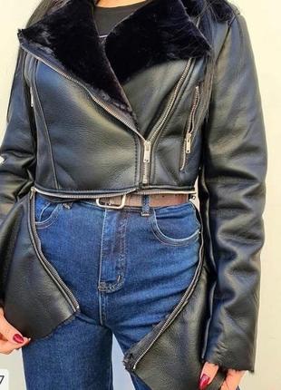 Дубленка -куртка короткая трансформер женская черная экокожа c мехом . размеры: xs, s,m, l,  осень/зима/весна6 фото