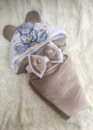 Велюровый комплект для новорожденных демисезонный, принт медвежонок, капучино2 фото