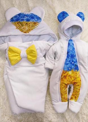 Велюровый комплект для новорожденных, демисезонный, принт сердце украины