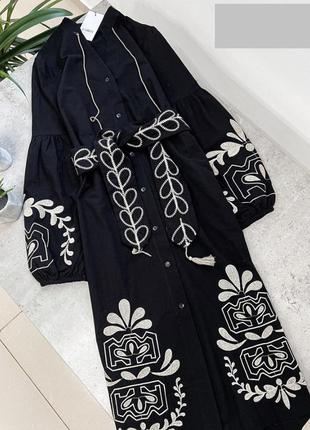 Етнічна сукня лляна сукня вишиванка вишита з об'ємними рукавами-буфами турція