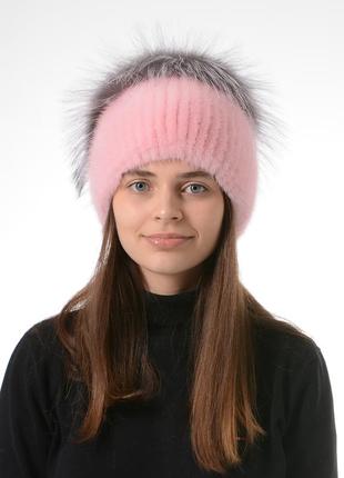 Женская зимняя вязаная шапка с помпоном3 фото