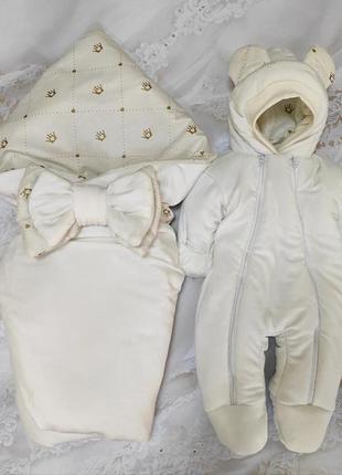 Зимний велюровый комплект для новорожденных, молочный1 фото