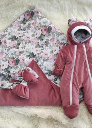 Зимний велюровый комбинезон + конверт одеяло для новорожденных, пыльная роза5 фото