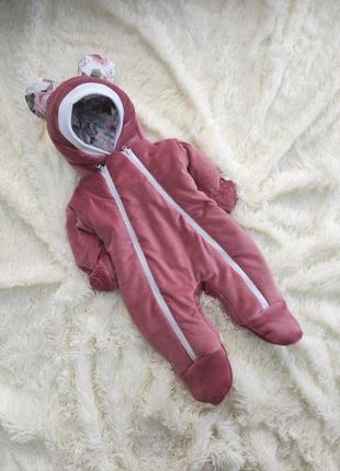 Зимний велюровый комбинезон + конверт одеяло для новорожденных, пыльная роза3 фото