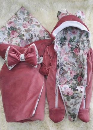 Зимний велюровый комбинезон + конверт одеяло для новорожденных, пыльная роза2 фото