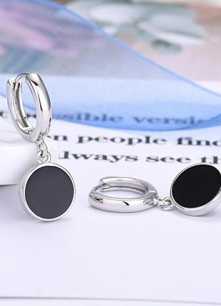 Сережки-кільця з чорним колом, геометричні сережки мінімалізм, срібло 925 проби3 фото