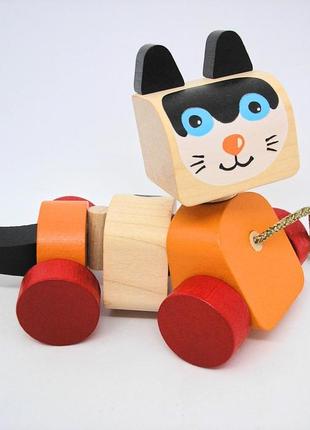 Каталка котик на шнурочке игрушка деревянная детская разноцветная развивающая cubika