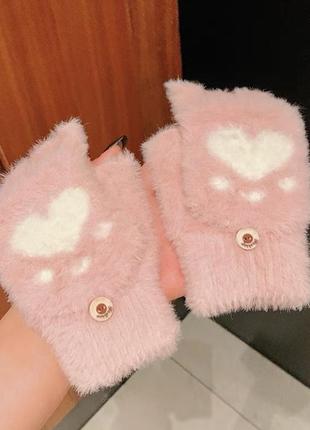 Теплые меховые плюшевые перчатки рукавички рукавиці теплі хутряні унисекс гранж панк аниме y2k митенки розовые мітенки рожеві