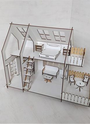 Ляльковий будиночок у стилі лофт з терасою і балконом. просторий ляльковий будиночок з меблями.1 фото
