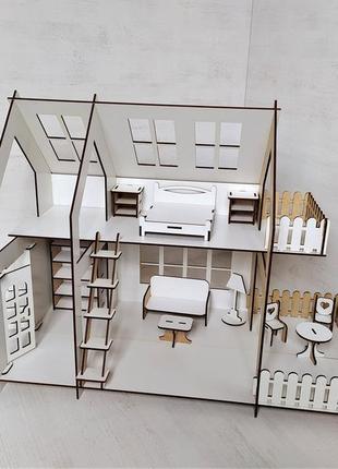 Ляльковий будиночок у стилі лофт з терасою і балконом. просторий ляльковий будиночок з меблями.3 фото