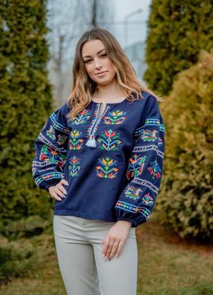 Вышиванка женская, льняная, темно-синяя, топ