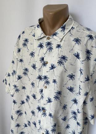 Гавайка лён белая с синими пальмами рубашка2 фото