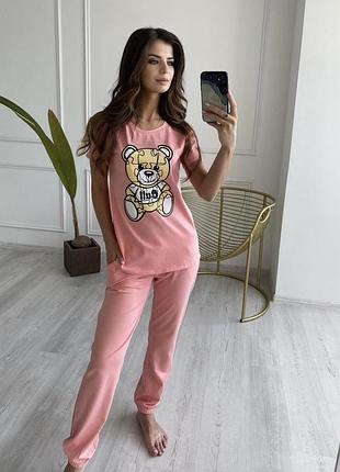 Піжама жіноча футболка і штани турецький трикотаж меланж з ведмедиком ( піжамний комплект )
