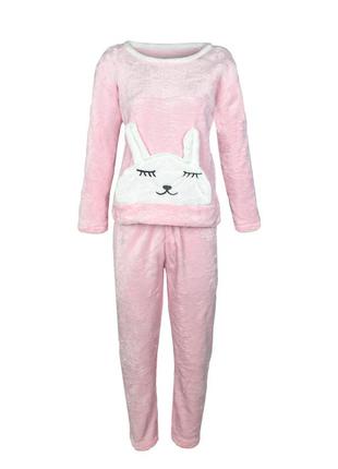 Женская пижама lesko bunny pink 2xl теплый флисовый домашний костюм8 фото