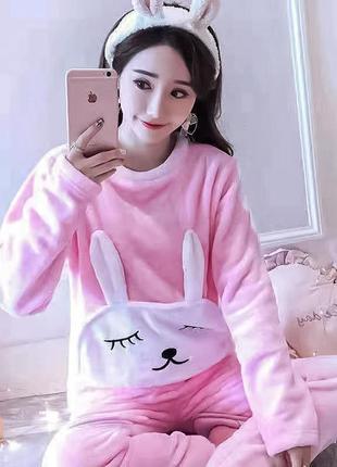 Женская пижама lesko bunny pink 2xl теплый флисовый домашний костюм2 фото