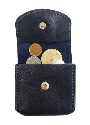 Кожаная монетница на пояс grande pelle, небольшой кошелек для монет с карабином, синий цвет, глянцевый4 фото
