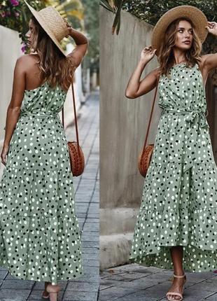 Длинное зелёное летнее платье сарафан в горошек3 фото