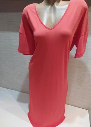 Платье -туника миди, кораллового цвета, стрейчевое