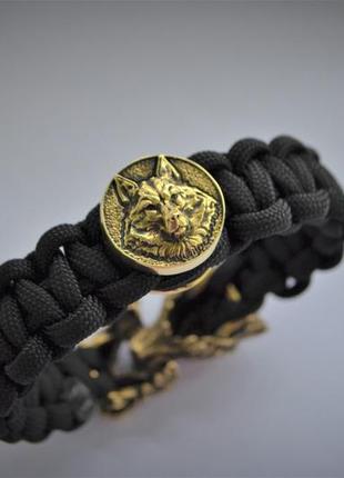 Браслет с застежкой волк и бусиной волк из латуни и паракорда плетение кобра под заказ + брелок в подарок
