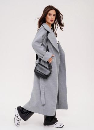 Сіре класичне пальто з поясом2 фото