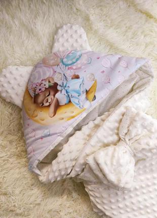 Демісезонний плюшевий конверт для новонароджених дівчаток, молочний з принтом сон мішутки2 фото