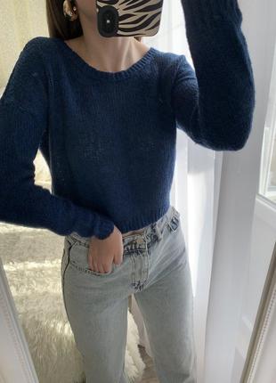 Кофта свитер синий цвет укороченный шерстяной2 фото