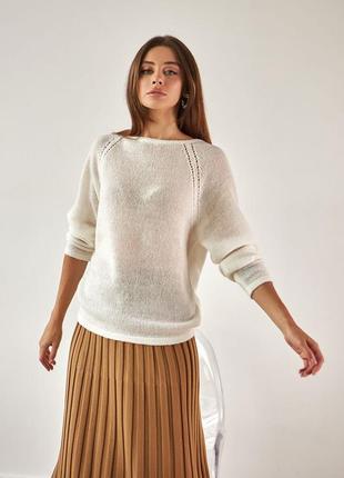 Шерстяной белый тонкий свитер - джемпер с круглым вырезом 42-521 фото