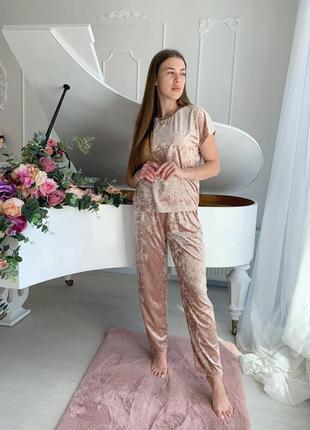 Пижама маморный велюр футболка и штаны 4 цвета