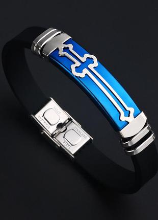 Браслет мужской каучуковый с крестом синий