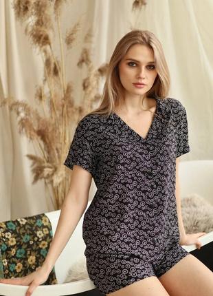 Пижама дышащая штапель принт рубашка и шорты 3 цвета