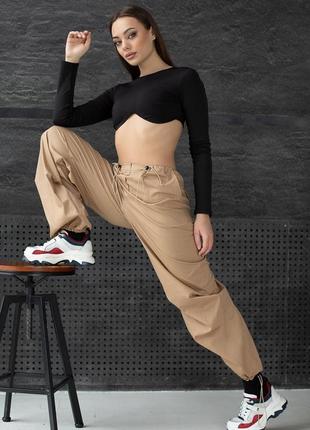 Штани карго широкі з затяжками широкі брюки карго бежеві