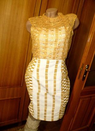 Нарядное платье миди из винтажной ткани,кружевной золотистый верх