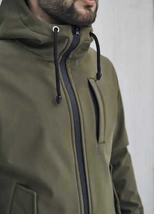 Мужская куртка из soft shell с капюшоном хаки весенняя осенняя | ветровка водонепроницаемая демисезонная4 фото