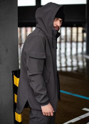 Мужская куртка из soft shell с капюшоном серая весенняя осенняя | ветровка водонепроницаемая демисезонная9 фото