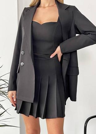 Женский костюм тройка пиджак топ юбка xs-s s-m m-l (42-44 44-46 46-48) черный
