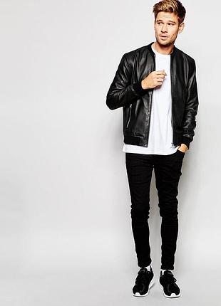 Шкіряна куртка чоловіча на змійці блискавці кожанка манжет чорна штучна шкіра кожзам еко бомбер на підкладці с м л розміри лот весна осінь демісезона