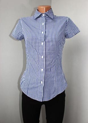 Стильная рубашка в бело-синюю мелкую клетку 100% коттон, xs (3111)