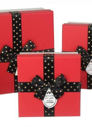 Подарункові коробки квадратні червоні з бантом (комплект 3 шт), розм.l: 22*22*10 cм