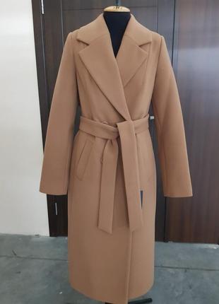 Двубортное длинное женское пальто из турецкого кашемира с отложным воротником (42-60р.)8 фото