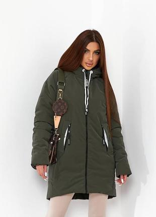 Куртка кокон тепла стильна пуховик 1010 хаки оливковый зелёного цвета зелёная 44-541 фото