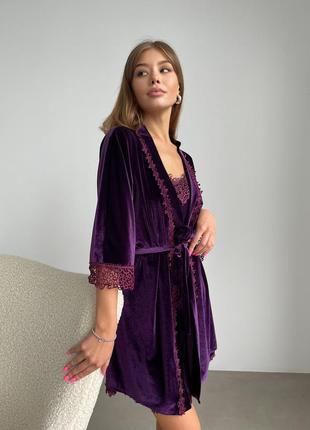 Женская пижама, ночное белье комплект двойка бархат комбинация халат ночнушка слива5 фото