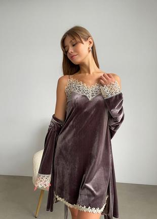 Женская пижама, ночное белье комплект двойка бархат комбинация халат ночнушка капучино6 фото