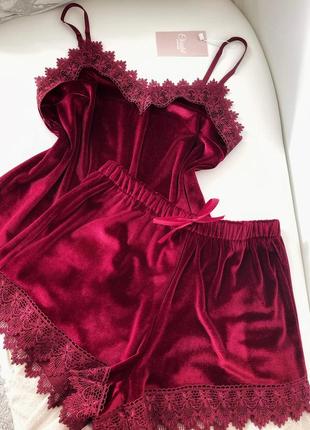 Женская пижама, ночное белье комплект двойка бархат шорты майка бордо3 фото