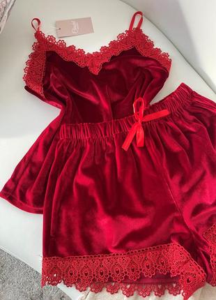 Женская пижама, ночное белье комплект двойка бархат шорты майка красная3 фото