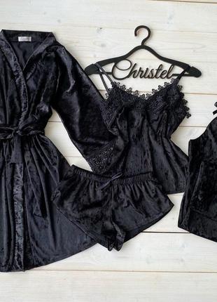 Женская пижама, ночное белье комплект четверка мраморный велюр шорты майка штаны халат черный2 фото