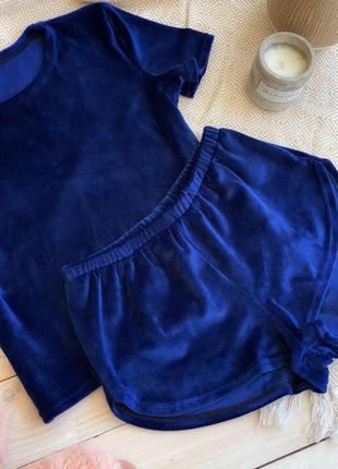 Женская пижама, ночное белье комплект двойка плюш велюр шорты синий3 фото