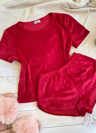 Женская пижама, ночное белье комплект двойка плюш велюр шорты футболка красный2 фото